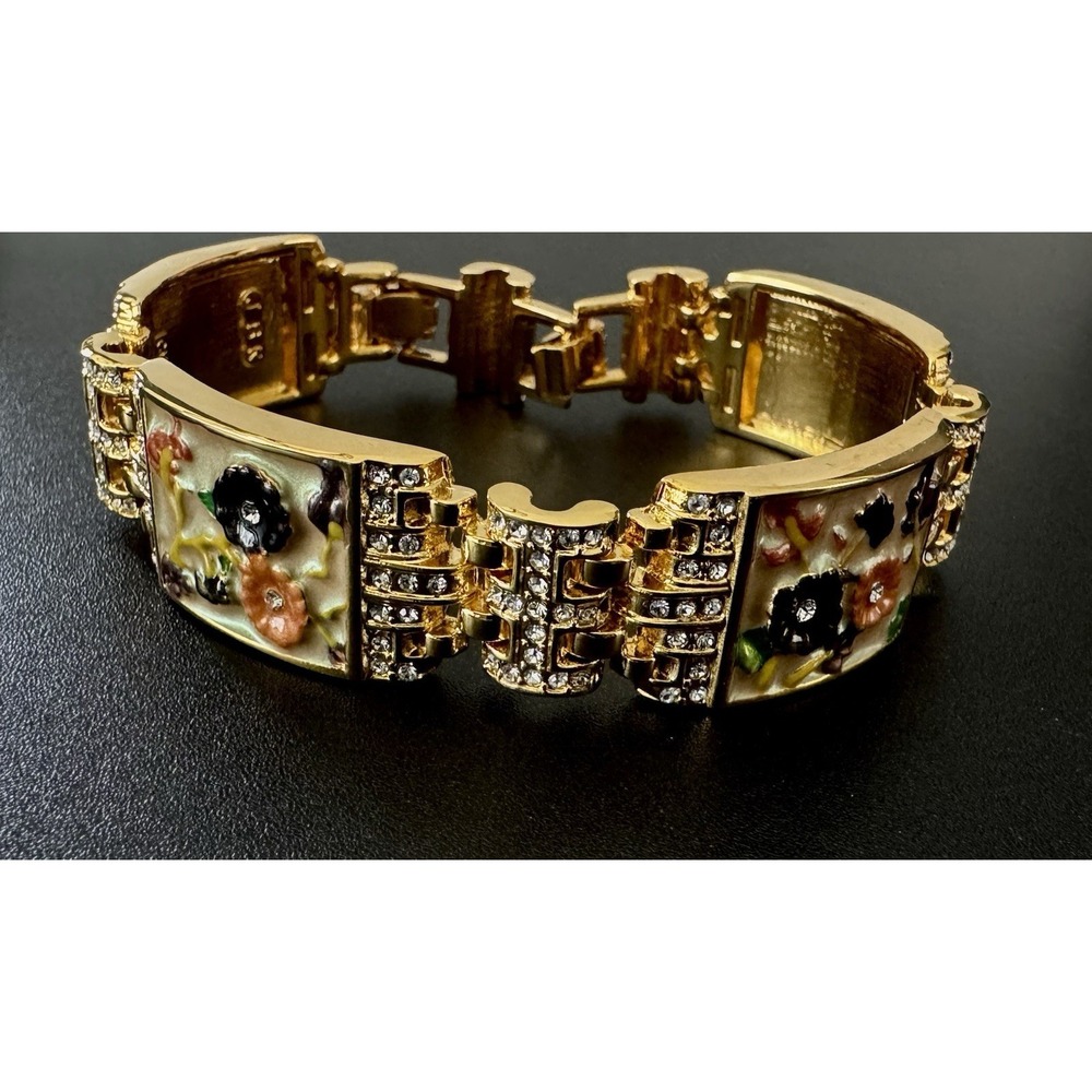Vintage JBK Camrose & Kross Floral Enamel Rhinestone Panel Bracelet